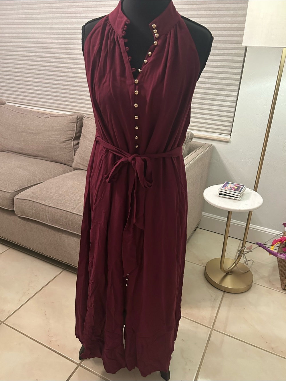 Greylin Sleeveless Button Up Halter Maxi Dress in Burgundy - Picture 4 of 10